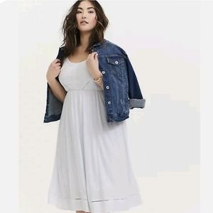 Torrid White Stretch Woven Crochet Inset Button Midi Dress